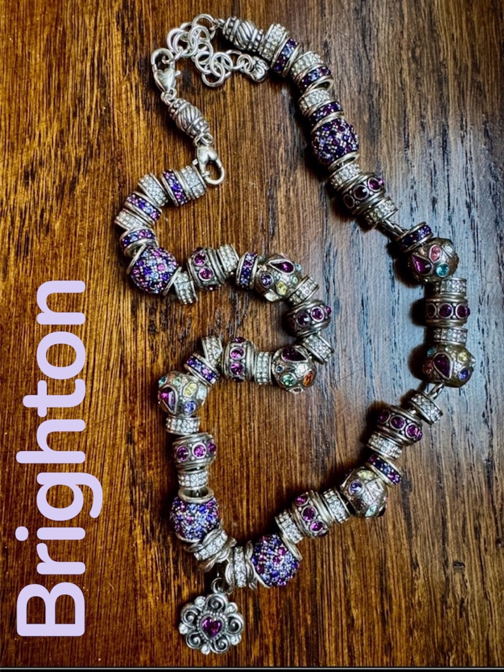 BRIGHTON Women's Silver-Tone Purple Beaded Pendant Necklace- 52 Beads- 1 Charm